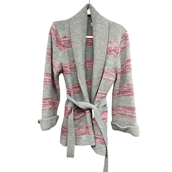 70s Women's Striped Cardigan Sweater Medium Space Dye Red Gray Belted Bel Sleeve - Picture 1 of 6
